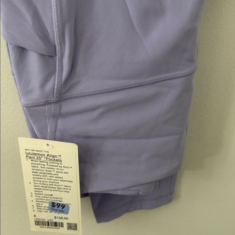 Lululemon Align Pant 25” color Lavender with pockets.size 8 NWT